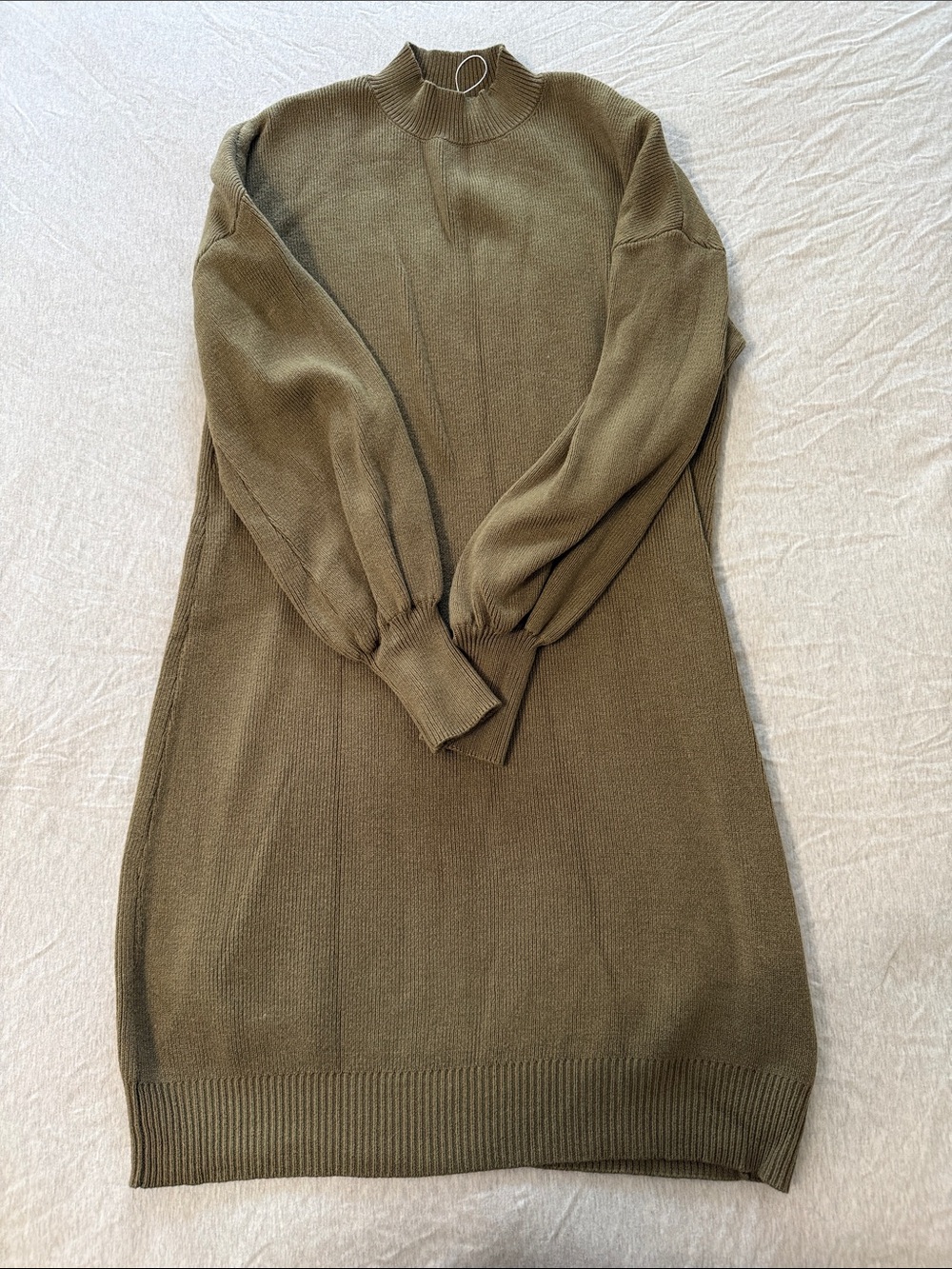 Olive Cowl Neck Sweater Dress with Balloon Sleeves